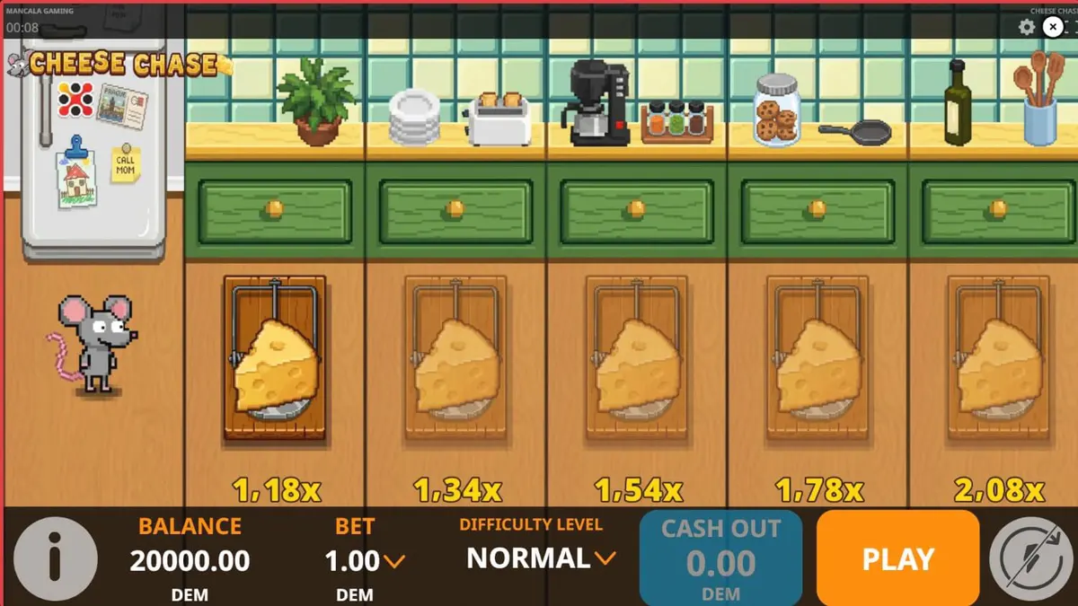 Tampilan visual retro 8-bit dari permainan slot Cheese Chase oleh Mancala Gaming