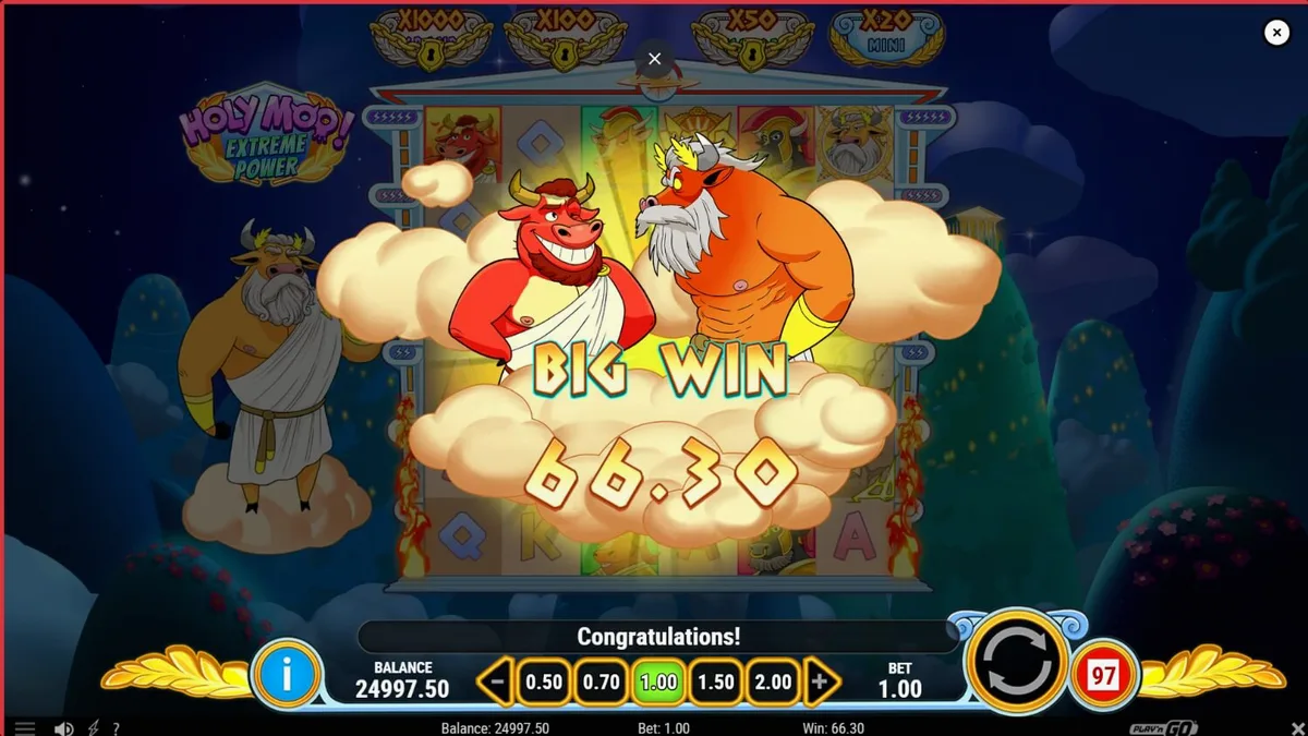 Tampilan visual slot Holy Moo! Extreme Power dengan karakter sapi dewa