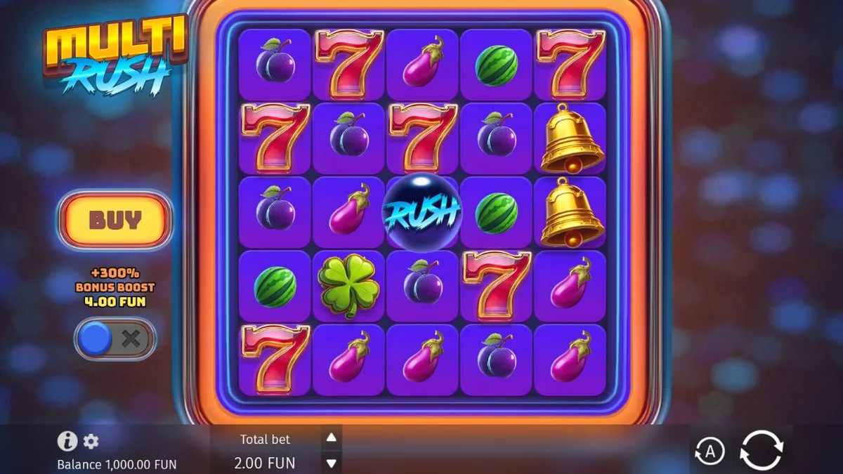 Tampilan visual slot Multi Rush dengan tema neon buah-buahan