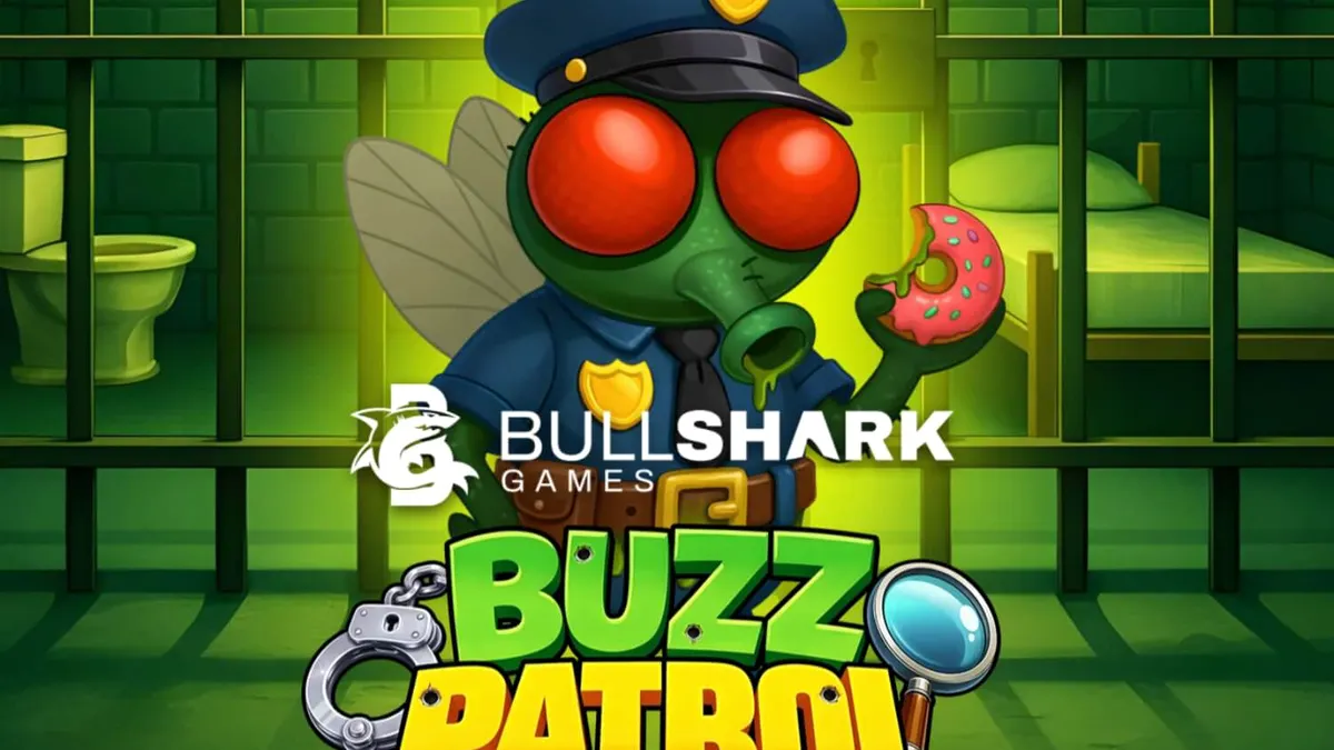 Tampilan visual slot Buzz Patrol dengan karakter lalat polisi kartun dan latar belakang kota yang cerah.