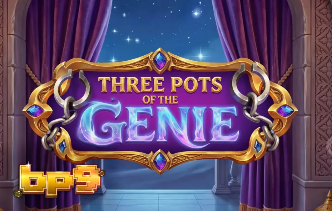 Tampilan visual slot Three Pots of the Genie dengan latar belakang gurun dan tiga pot permata.